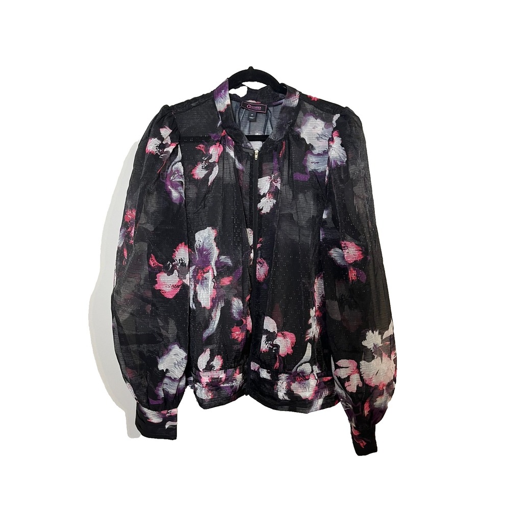 Colorful Floral Metallic Bomber Full Zip Jacket 2X Organza Boho Western Chic